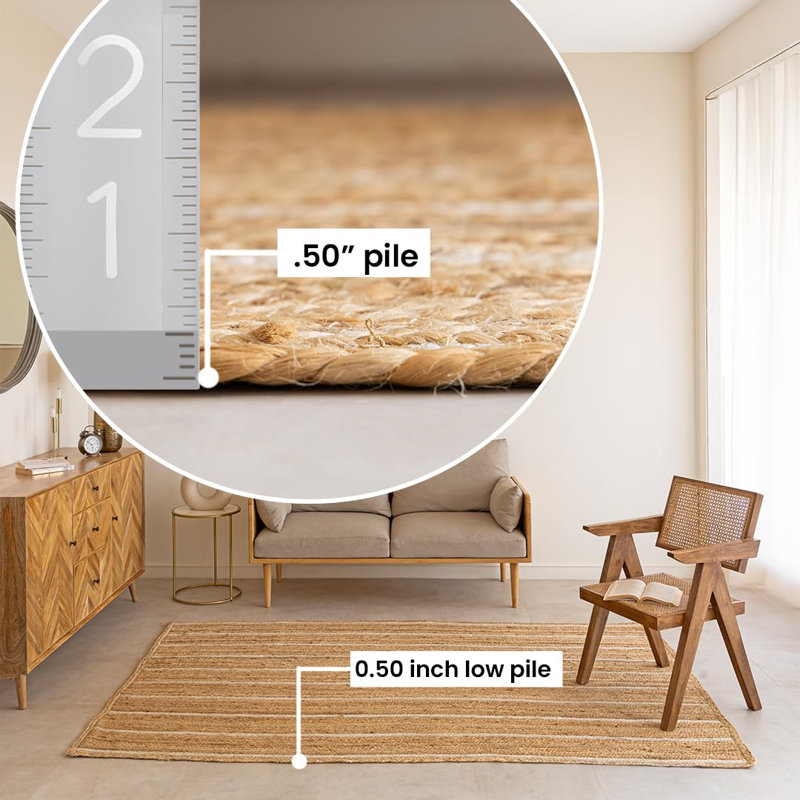 Chunky Braided Jute Area Rug with Tassels | 8' x 10' | Off White, Rectangle 4 pi x 6 pi
