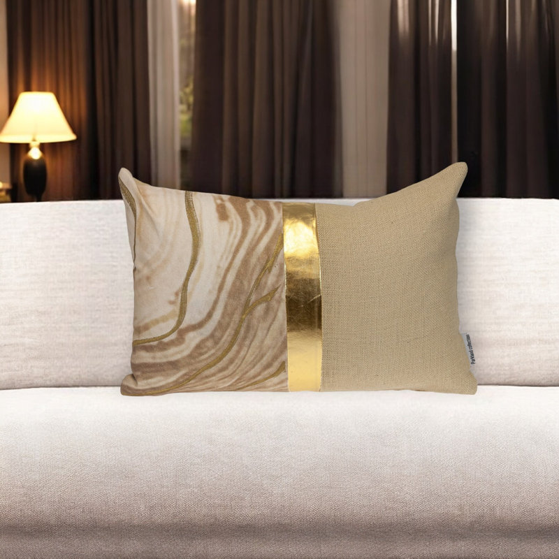 14" X 20" Beige and Gold Striped Cotton Blend Throw Pillow