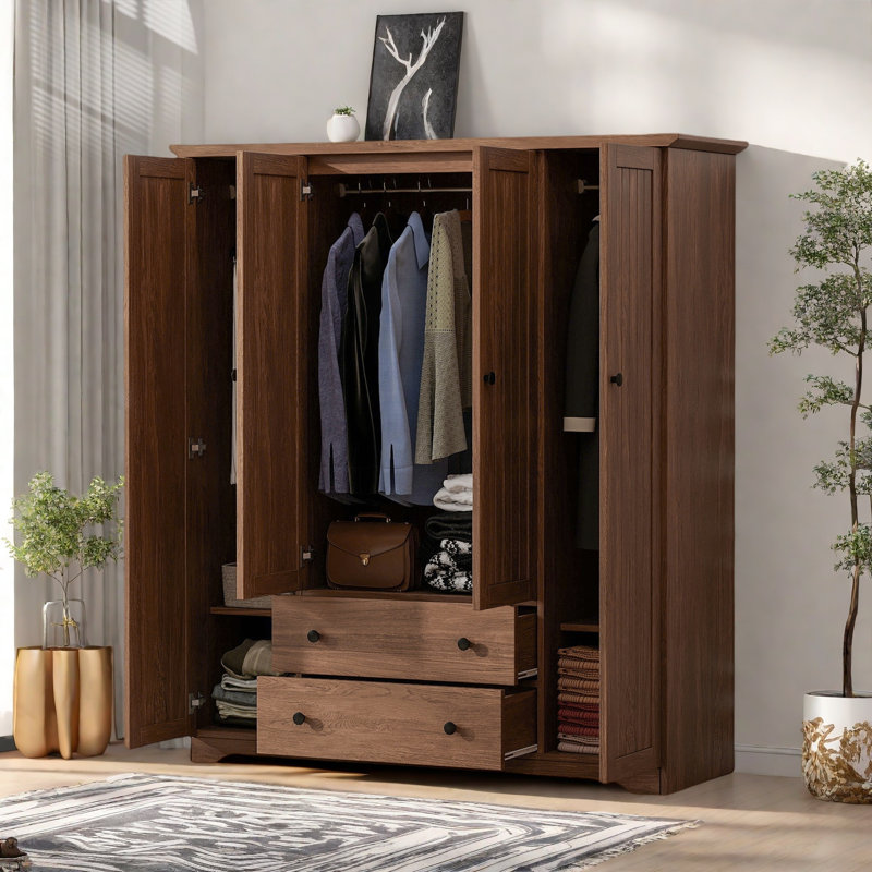 Armoire penderie 4 portes avec 2 tiroirs, Brun