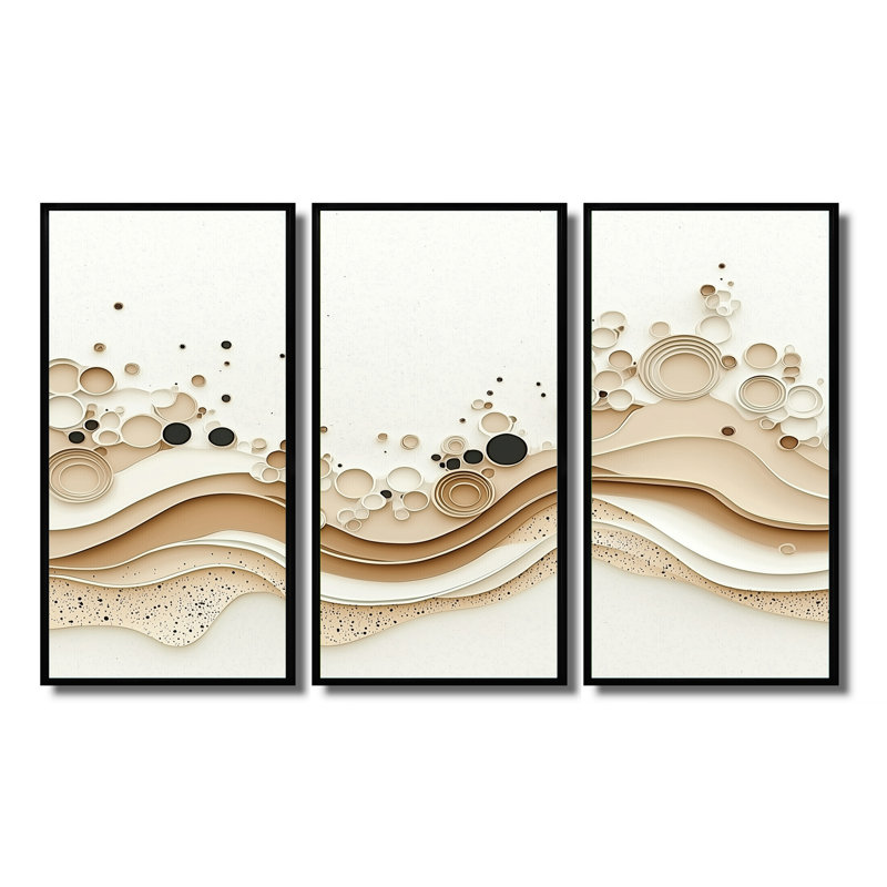 Minimalist Beige Marble River I - Ensemble de décorations murales en marbre abstrait, Reproduction avec cadre flottant, Noir