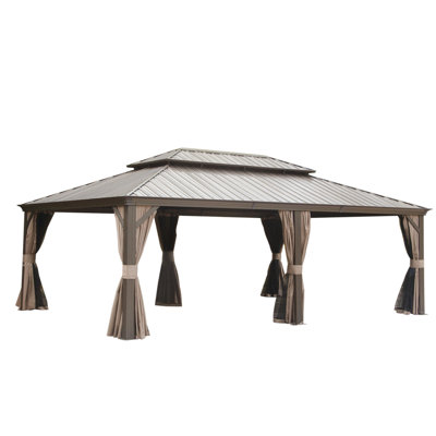 14X22ft Gazebo With Aluminum Frame - Brown, Galvanized Steel Double Roof, Built-In Gutter, Curtain And Netting For Garden Deck Patio Gazebo, Brown. Metal Top Strong Frame. Gutter. Outdoor Privacy