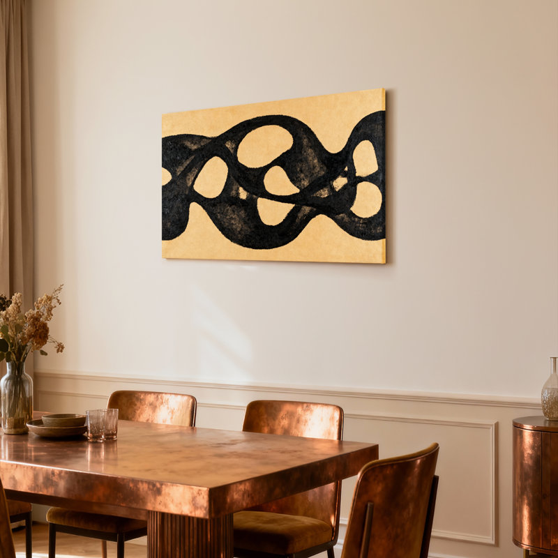 Ensemble de 1 tableau sur toile tendue à motif de vagues abstraites à l'encre noire, H 12 po x l 18 po
