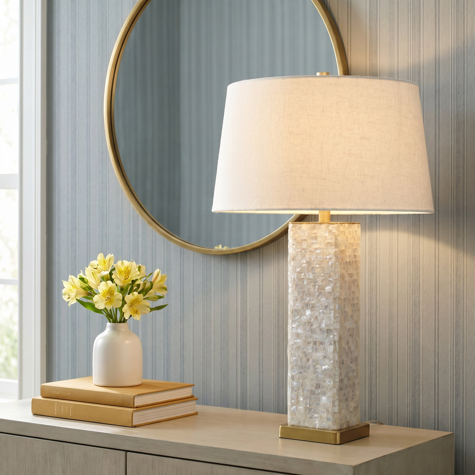 Schumann Mother of Pearl Table Lamp with Linen Shade