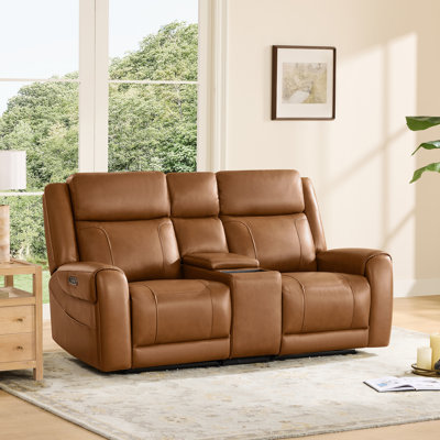 2-Seat Dual Motor Genuine Leather zero clearence recliner Power Recliner Sofa With Power Headrest And Console