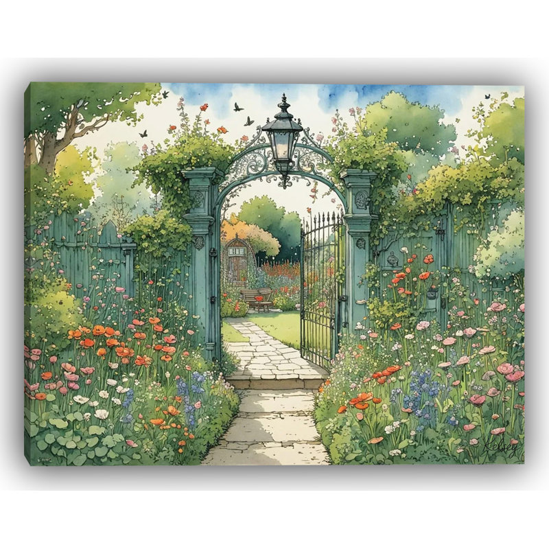 Secret Garden Gate Floral - Art mural sur toile tendue, H 16 po x l 20 po