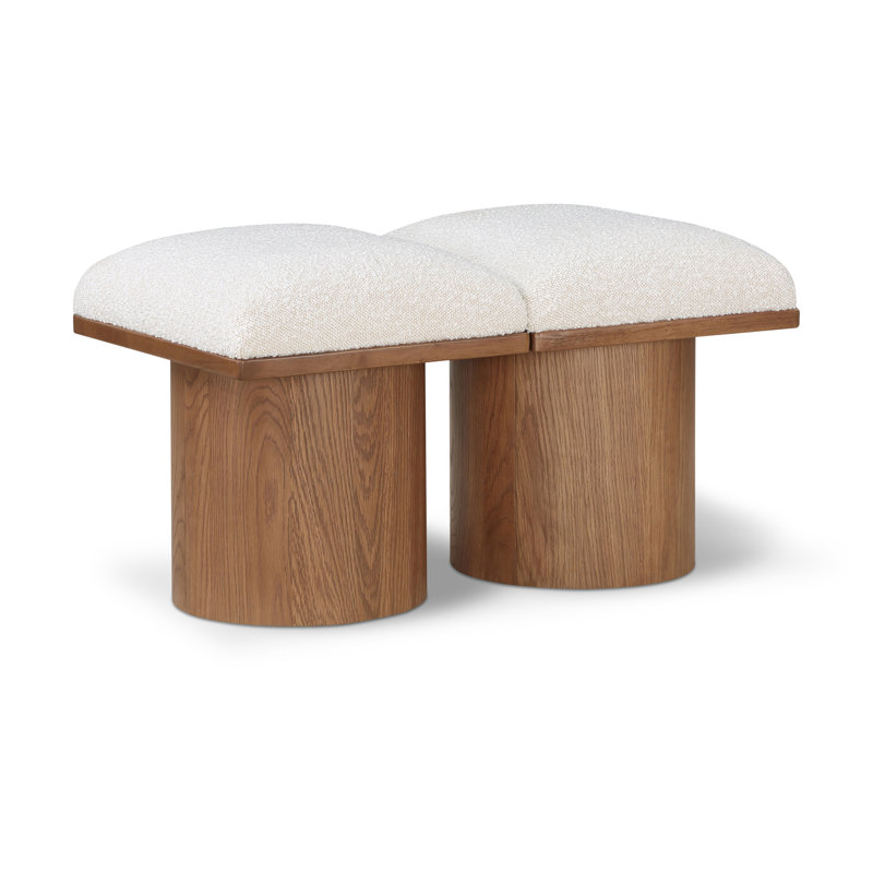 Banc rembourré Husnan, H 17,5 po x l 31 po x P 18 po, Tissu crème bouclé, Noyer brun
