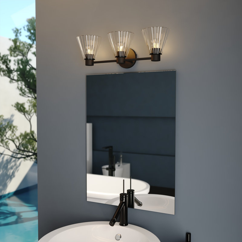 Dalton 3-Light 25.5 In. Wide Matte Black Transitional Bathroom Vanity Lighting Fixture, Clear Ribbed Cone Glass Shade, Dimmable, LED Compatible, Reversible Over The Mirror Mounted Steel Wall Sconce