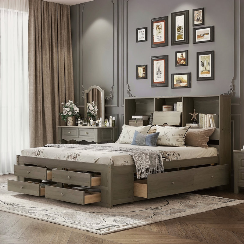 Lit plateforme avec tête de lit avec rangement et 8 tiroirs, Gris, Très grand lit