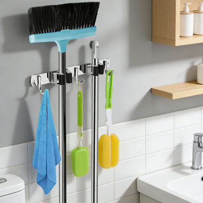 Stainless Steel Broom Mop Holder Wall Mount Organizer With 2 Racks And 3 Heavy-Duty Hooks