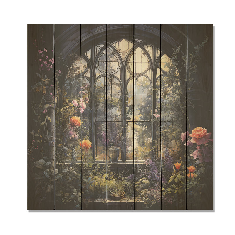 «Floral Gothic Church Church View IV - Floral Window On Wood Print», H 15 po x l 15 po