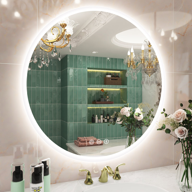 Round LED Vanity Mirror with Defogging, Bluetooth, and Dimmable Lights, 32" x 32"