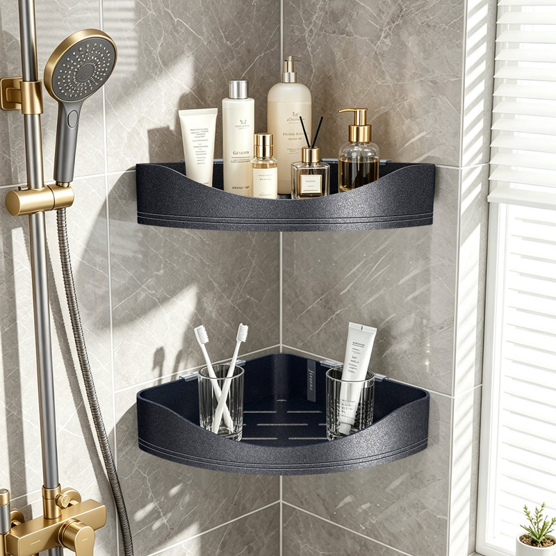 Étagères de douche d'angle de luxe, organisateur d'angle à 2 niveaux pour salle de bain, toilettes et cuisine, support d'étagère de douche en métal antirouille (noir)
