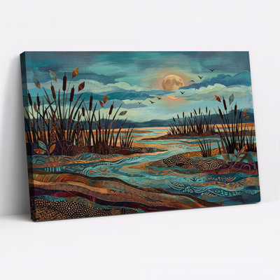 Tableau sur toile « Marais au clair de lune turquoise avec quenouilles et eau à motifs »