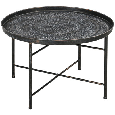 24" Round Coffee Table With Hammered Tray Top, Vintage Metal Center Table For Living Room, Bedroom, Side Table, Pewter