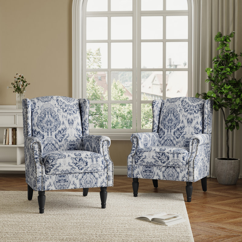 Duward Damask Navy Floral Upholstered Wingback Accent Chair with Nailhead Trim, Damask Navy 