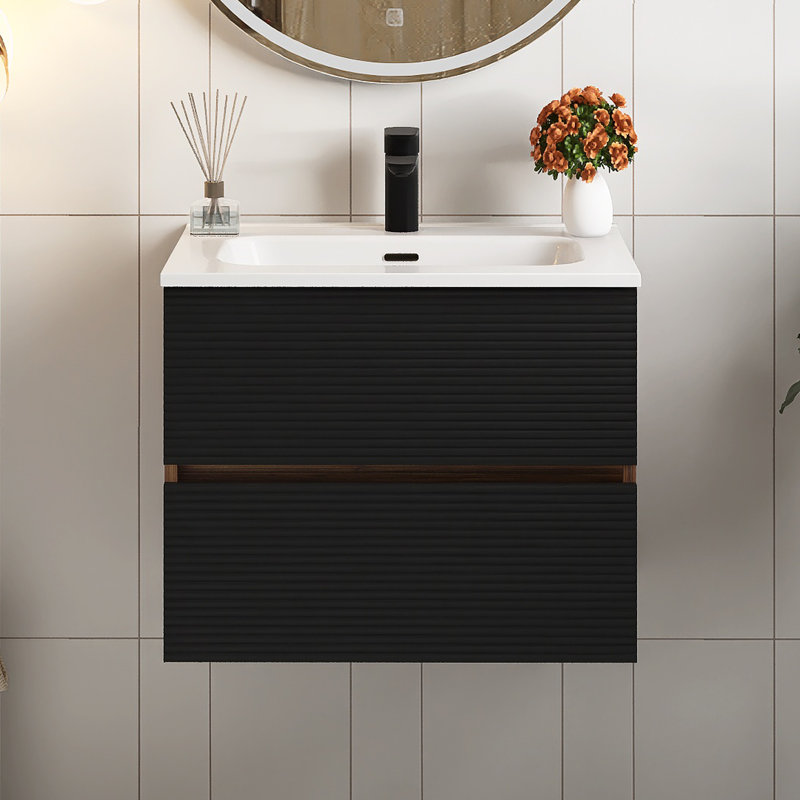 24" Wall Mounted Bathroom Vanity With Integrated Ceramic Sink, Black/Brown