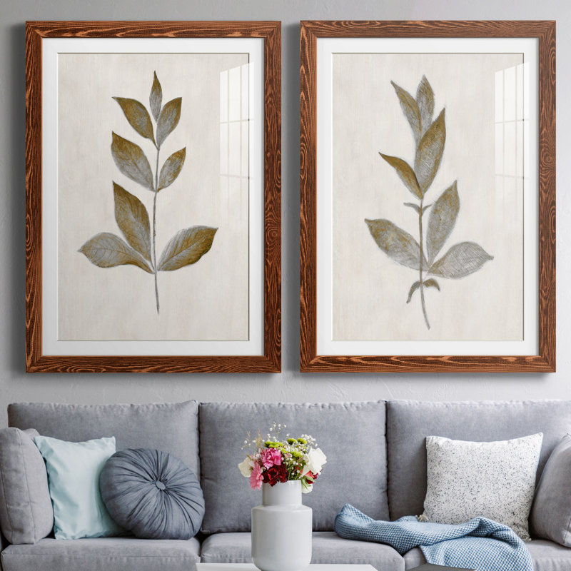 Bronze Leaf I - ensemble de 2 reproductions, H 37,5 po x l 55 po, Impression encadrée avec passe-partout, Noyer