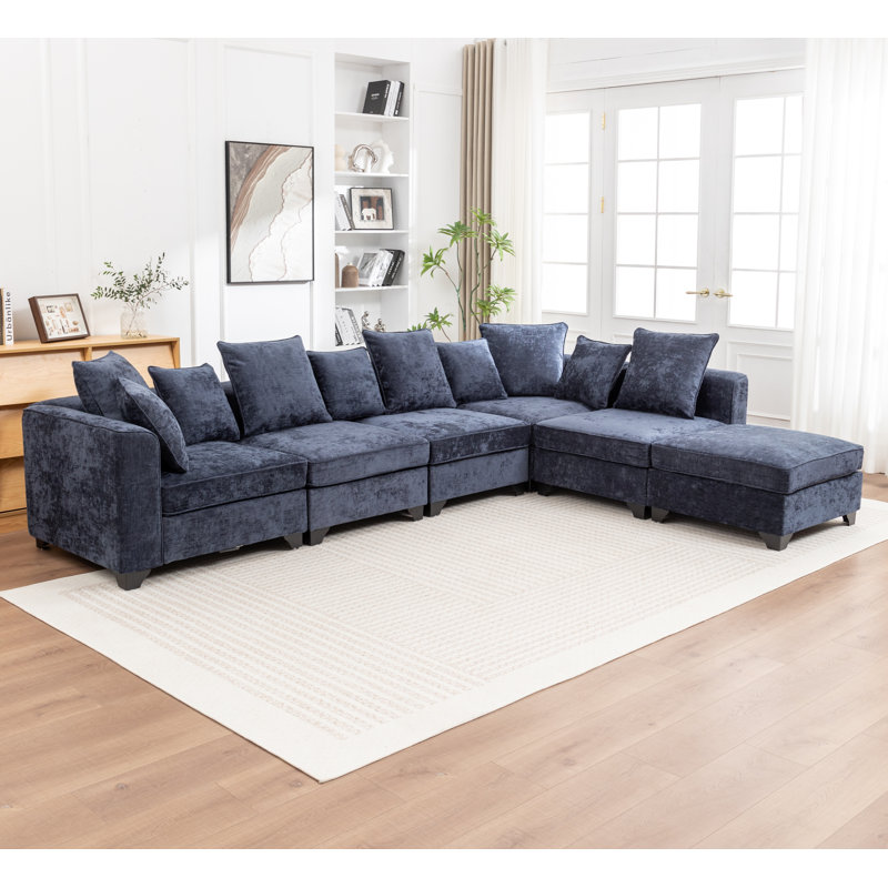 Bennett 6-Piece L-Shaped Sectional Sofa, Blue Chenille