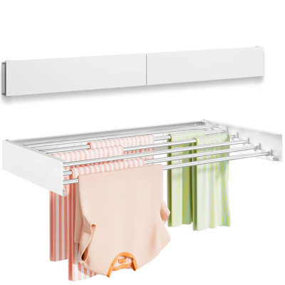Wall Mounted Clothes Drying Rack 40 Inches, Foldable Wall Mount Laundry Rack Folding Indoor, Hidden Space Saver With Wall Template, 6 Rods, White
