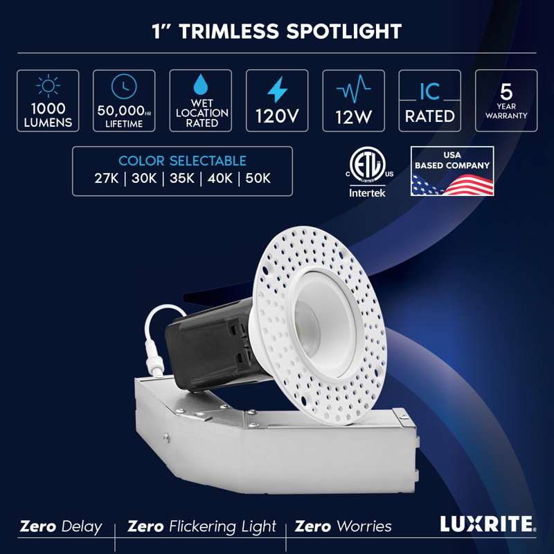 1 po LUXRITE Éclairage encastré à DEL rond, projecteur sans garniture, 5 CCT, 12 W, faisceau de 38 °, 1000 LM, triac à intensité variable, éclairage vers le bas à rendement élevé, homologué IC et Wet, ETL