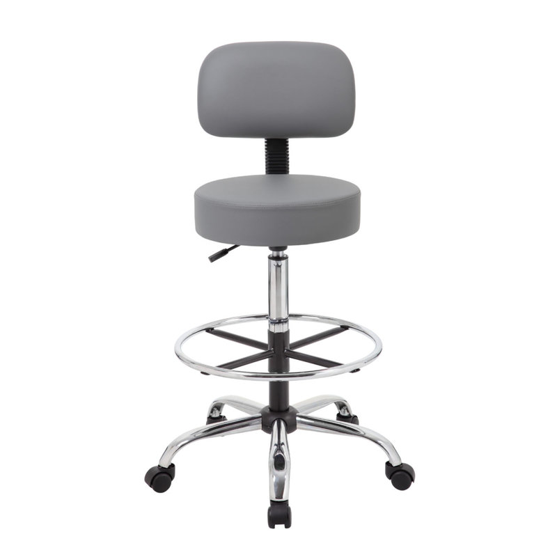 Fea Medical Drafting Stool, Gray Vinyl, Low Back And Padded Seat, Chrome, Gray