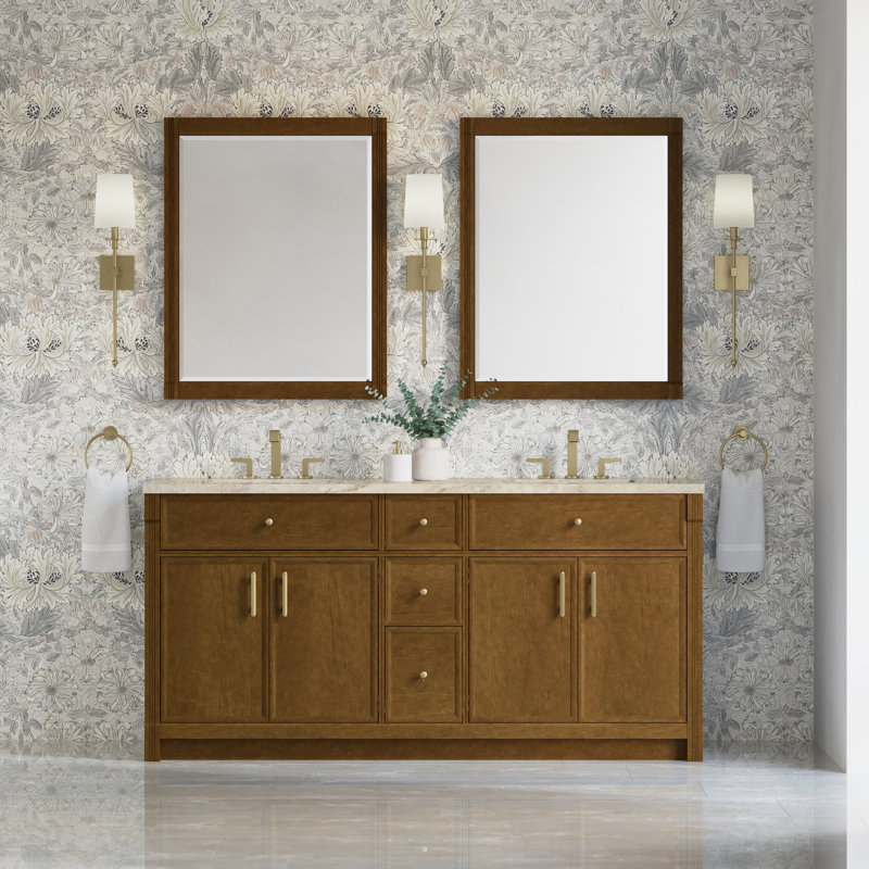 Bellshire 72" W Double Vanity w/FreePower Wireless Charger, Tajnar Eclos, Honey Oak