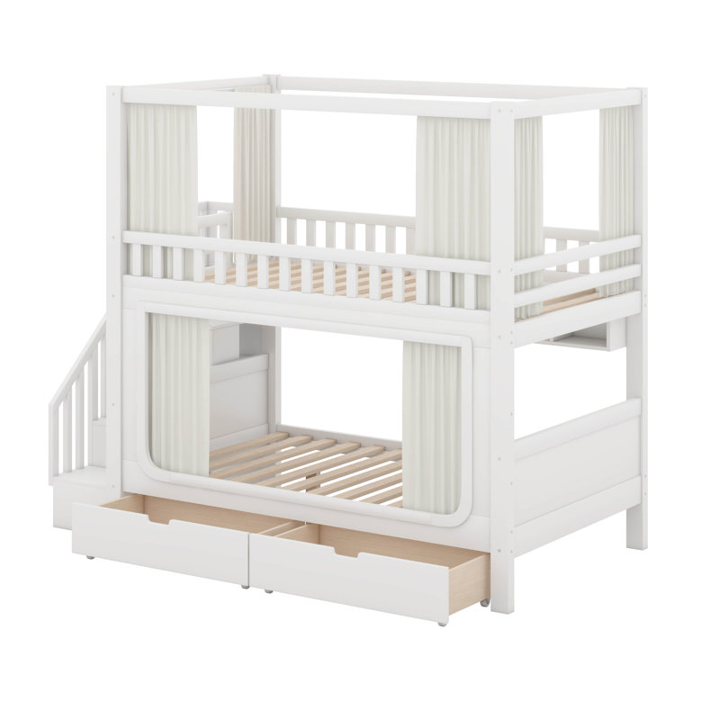 Lit superposé double au-dessus de double avec rideaux d'intimité, lumières DEL sous le lit, escalier de rangement et tiroirs