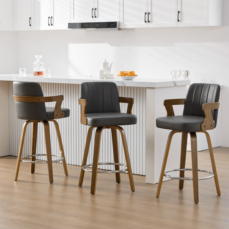 26" Upholstered Swivel Counter & Bar Stool with Armrest, Gray, Counter Stool (26" Seat Height)