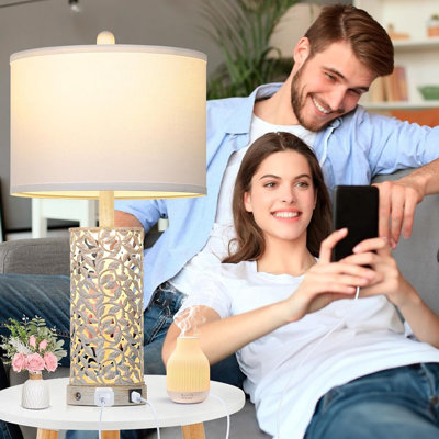 Farmhouse Table Lamps Set Of 2, Touch Control Bedside Lamp With 2 USB Ports & AC Outlet,Vintage Nightstand Lamp With Nightlight For Bedroom Living Room Entryway,White