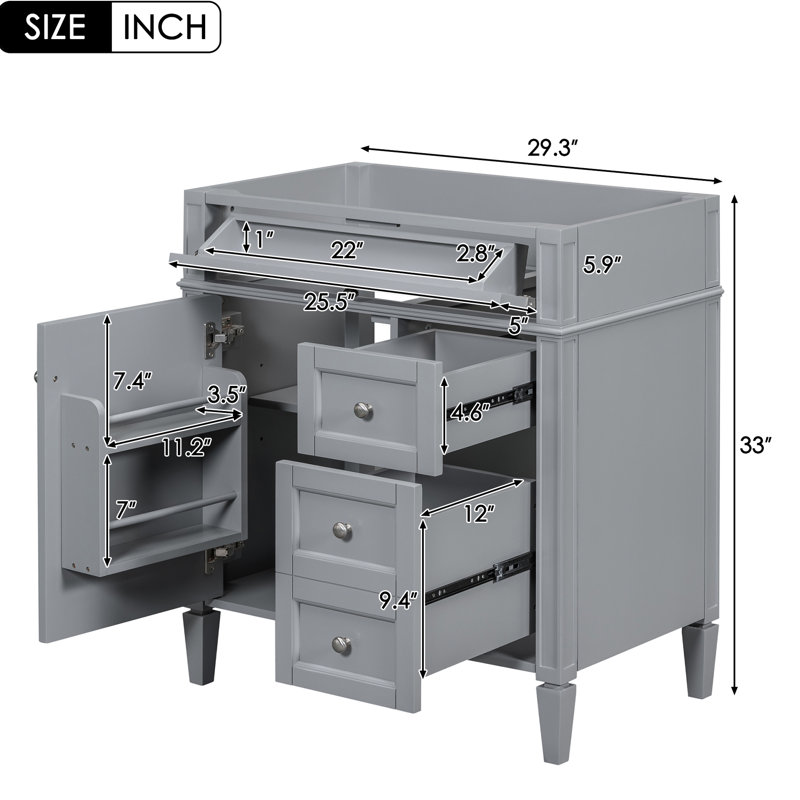 Meuble-lavabo de 30 po - gris moderne avec pieds exquis, 2 tiroirs, tiroir escamotable et armoire de rangement polyvalente