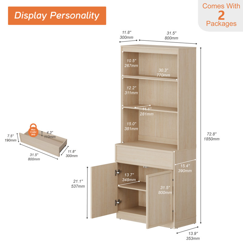 Buffet de 31,5 po de largeur avec portes, tiroirs et tablettes réglables, armoire de rangement de 72 po de hauteur pour la cuisine
