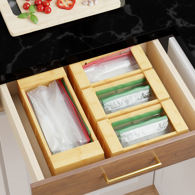 Ensemble de rangement de rangement en bambou pour tiroir de cuisine - Organisateur 5 pièces compatible avec les sacs gallon, pinte, sandwich et collation