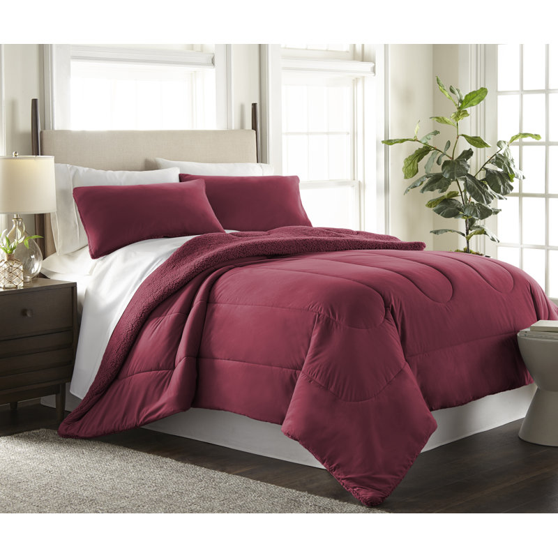 Ensemble d'édredon inversé en sherpa Micro Flannel®, Édredon pour très grand lit + 2 taies décorativ, Rouge vin