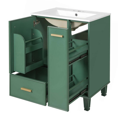 Meuble-lavabo 24 po avec lavabo et tablette de porte, tiroir profond, panier coulissant à 2 niveaux, structure en bois massif et panneau de fibres à densité moyenne