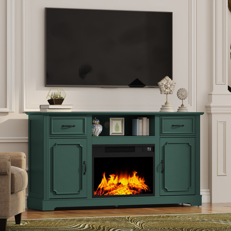 60" Media Console TV Stand For TVs Up To 65" With Electric Fireplace Included, Green