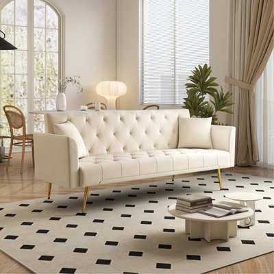 Modern convertible 72 inch foldable sleeper sofa with tufted, American retro style, made of beige velvet material, suitable for small living rooms, bedrooms and offices. Beige color