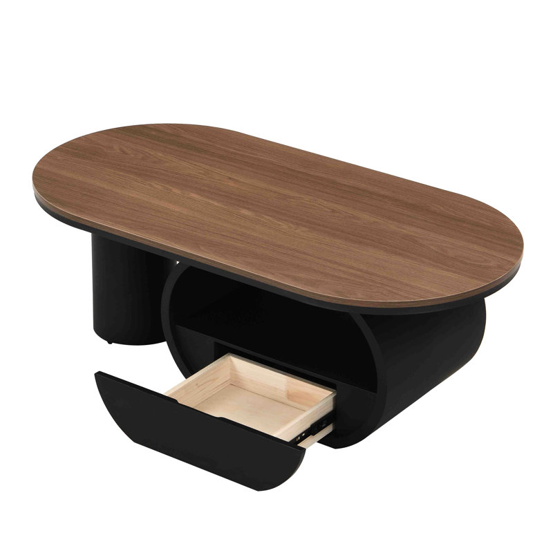 Table basse ovale de luxe de style industriel (120 cm), avec tiroir de rangement en métal noir, idéale pour le salon. Montage facile et stable.