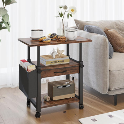 Large Printer Stand With Storage Drawer And Side Bag, 3-Tier Height Adjustable Table For Home Office, Fits Heat Press/Laser/3D Printer (Rustic Brown)