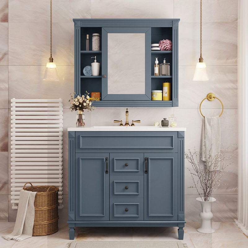 Meuble-lavabo à miroir avec lavabo et 2 portes à fermeture en douceur, Bleu
