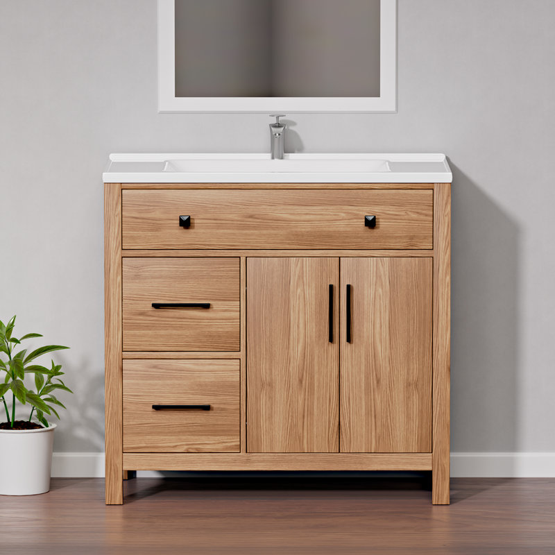 Meuble-lavabo sur pied 36 po, base style Shaker moderne avec 5 tiroirs et portes à fermeture en douceur, pour comptoir d'évier de 36 po, blanc