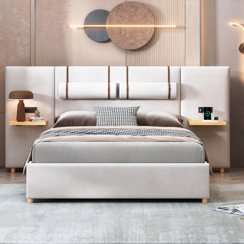 Queen Upholstered Platform Bed, Beige