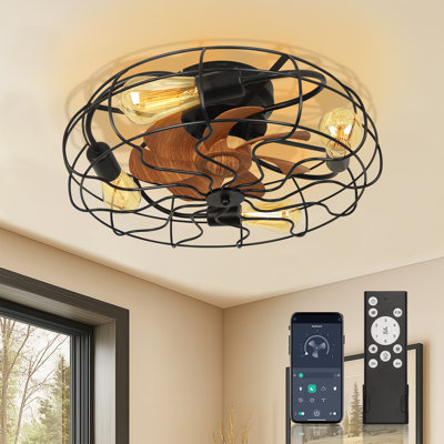 20 In. 4-light Indoor Black Wood Grain Industrial Metal Cage Enclosed Ceiling Fan With Light Kit And Remote/APP Control