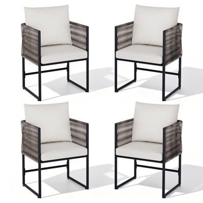 Ensemble de 4 chaises de patio en rotin en PE avec coussins amovibles, mobilier d'extérieur toutes saisons à structure en fer pour bistro de jardin avec balcon, beige