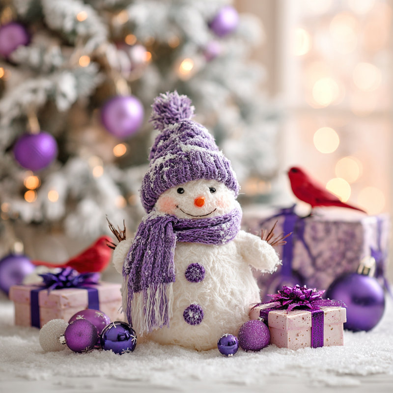 Bonhomme de neige avec ornements mauves sur toile tendue