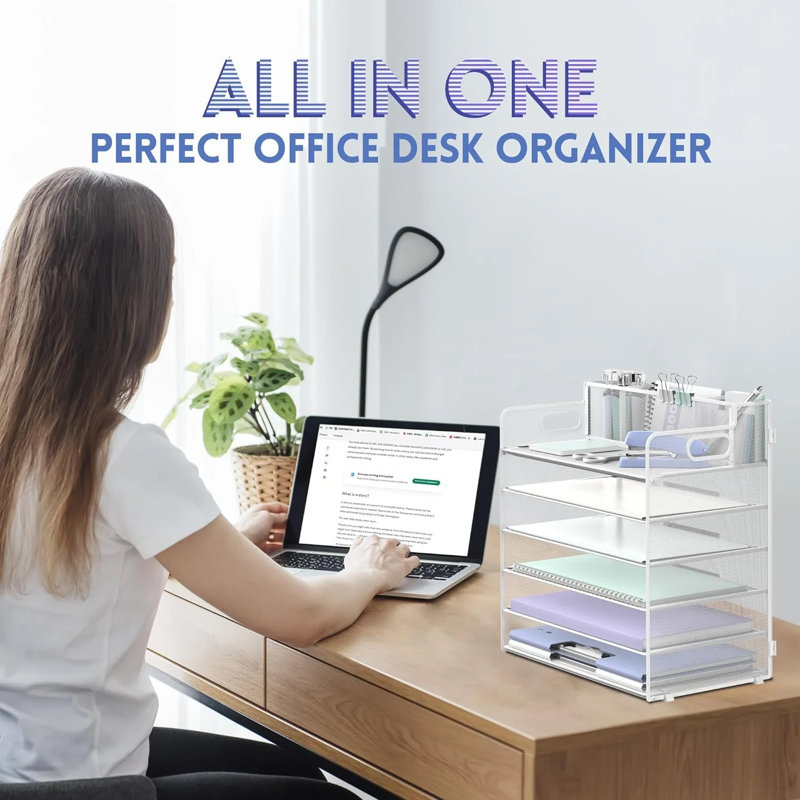 Classeur de bureau en métal à 6 niveaux avec poignée et porte-stylos, Blanc