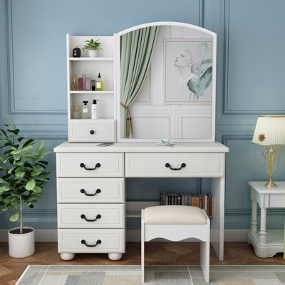 Fashionable Vanity With Lights And Mirror - 3 Color Modes, Abundant Cube Organizer Box White Desk Adjustable Brightness, Multiple Storage