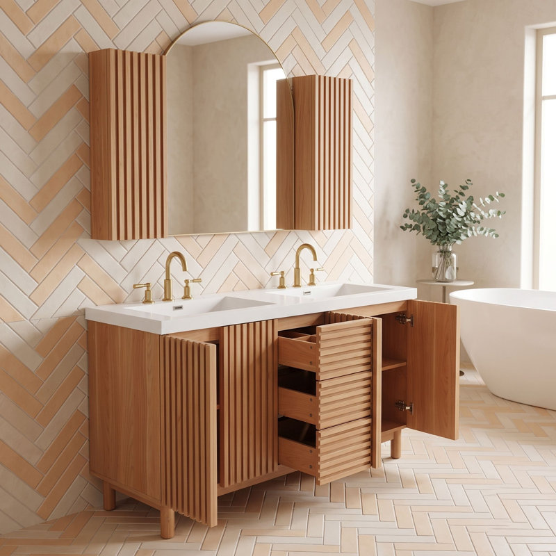 Meuble-lavabo en bois 59 po avec double lavabo en résine SMC, 4 portes, 3 tiroirs et tablettes réglables