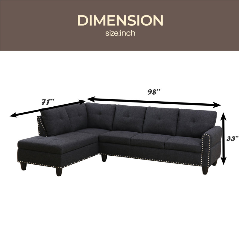 Trimmed L - Shaped Sofa 2Pc, Charcoal gray