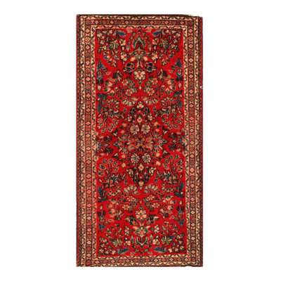 Tapis de couloir rouge en coton / laine noué à la main 2 pi 1 po x 4 pi 2 po Floral