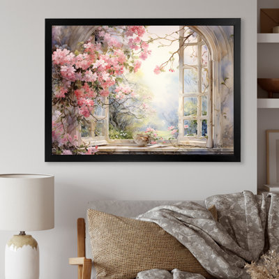 «Pink Blossoming Country Window Gaze I», reproduction d'art sur toile